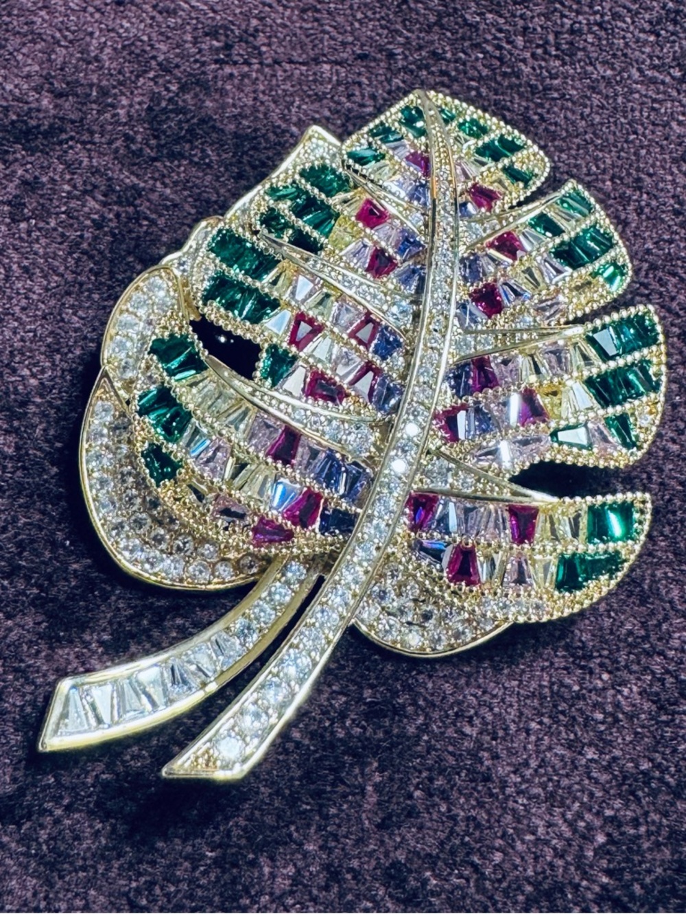 Gold Leaf Brooch with Green and Pink Crystal Accents